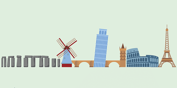An illustration showing a selection of world famous landmarks next to each other