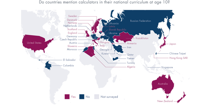 Infographic map displaying what countries mention calculators in their curriculum for 10 year olds