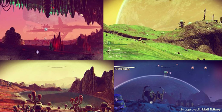 Composite shot showing 4 different locations in the game No Mans Sky