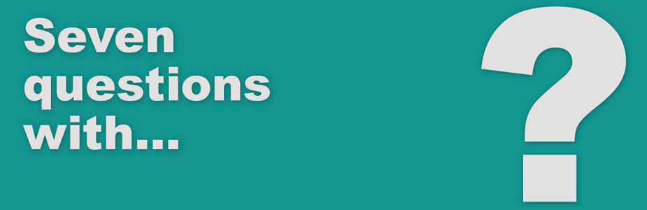 A teal background with the text, 'Seven questions with...' and a giant question mark