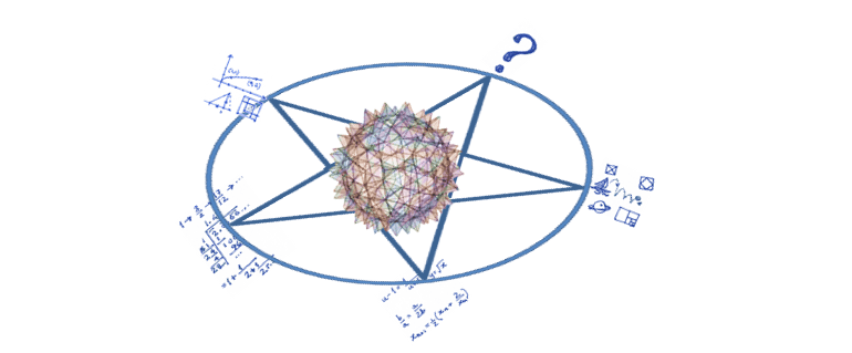 A globe shape in the centre of a pentagram with maths at 4 points and a question mark on the other