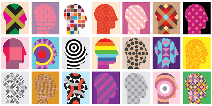 A selection of illustrations of heads created from a range of patterns