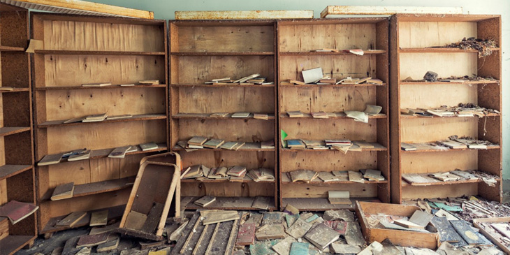 A row of bookcases in an abandoned building, with books scattered all over the place