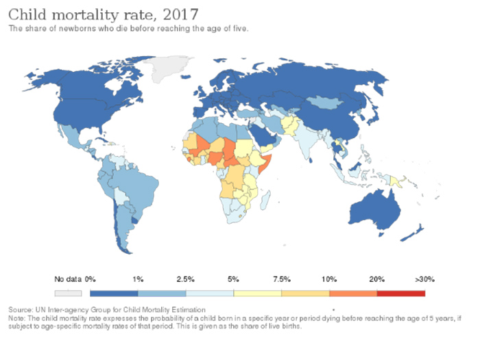 A map of the world highlighting child mortality rates