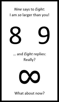 Elena's favourite maths joke. Nine says to eight 'I am so larger than you' - the 8 rotates 90 degrees to become an infinite symbol and says 'What about now'