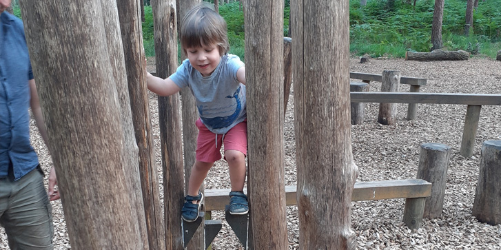 A young child on a childrens playground obstacle course located in the woods