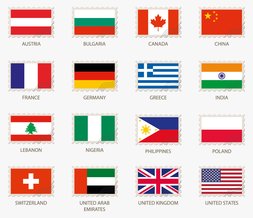 A range of countries displayed utilising their flags, styled as postage stamps
