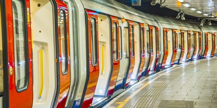 A London tube train parked up at a station