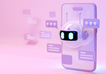 3D render of a mobile phone with a robot head on the front, with chat bubbles all around