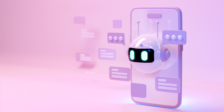 3D render of a mobile phone with a robot head on the front, with chat bubbles all around