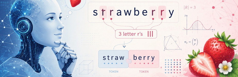 An AI generated image of a robot thinking about the word strawberry and breaking down how many letter r it has
