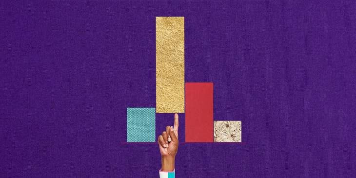 A graph made up of four bar charts, on top of a purple fabric effect background. A hand is poking up the second bar from the bottom to be even higher