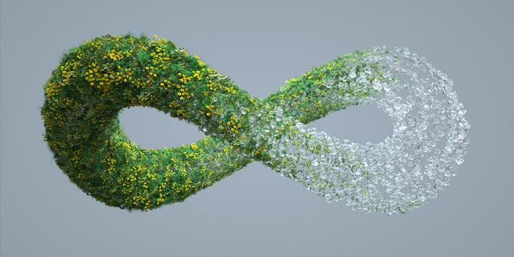 Digital generated image of green infinity sign made out of leaves and flowers transforming into water drops on grey background