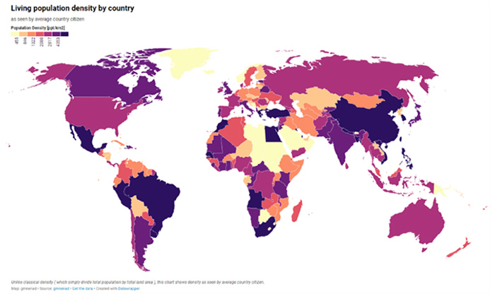 A map of the world utilising a heat map system to reflect living population density