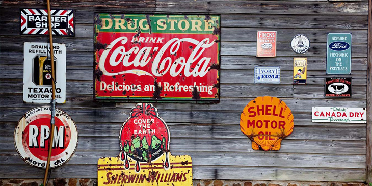 Vintage american styled signage for a range of products