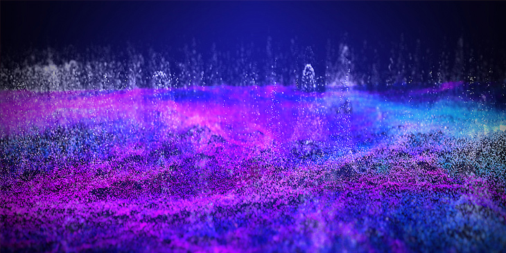 A visualisation of disturbed water with numerous drops spiking in the air, colourised with blues and purples