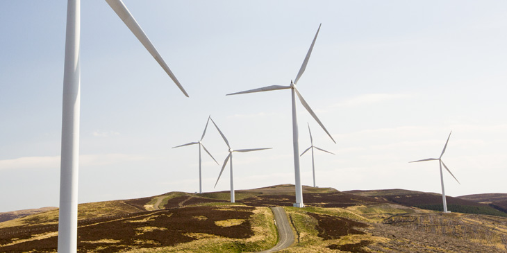 Country landscape with wind turbines scattered across