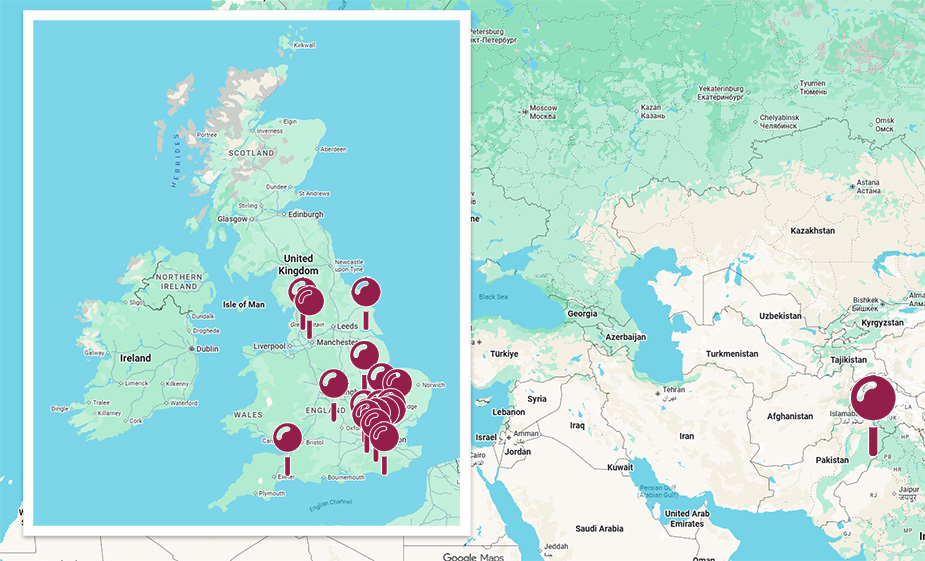 A map view of England, larger placed ontop of a zoomed out map showing Pakistan on the edge. There is a pin on Pakistan, and on the larger map of England numerous pins