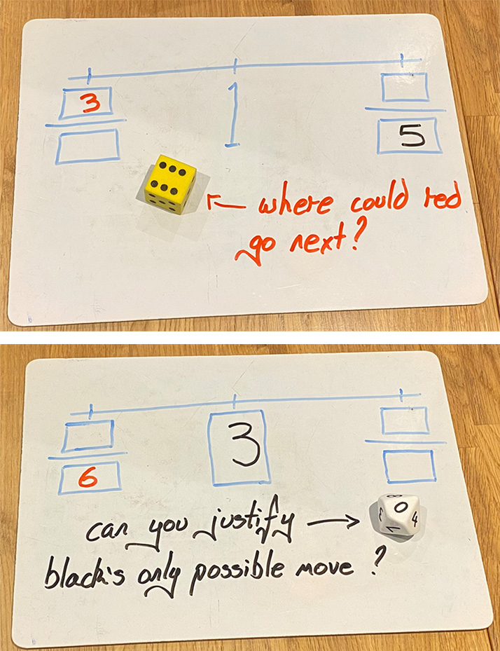 Two photos of a small whiteboard, each is showing different stages of a dice game