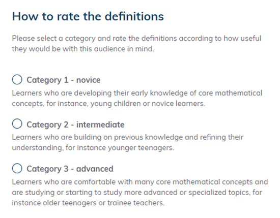 The category levels available to rate definitions on the CM Define It app