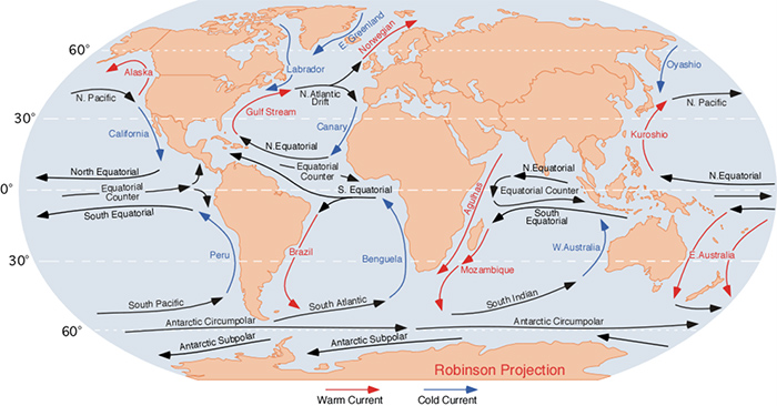 A map showing a range of ocean currents around the world