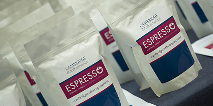 Bags of coffee with Cambridge Mathematics Espresso branding