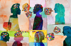 An artistic representation of multiple silhouettes talking with speech bubbles representing speech