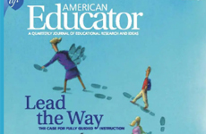 A section of the cover from the Spring 2012 issue of American Educator, showing a teacher laying a path of footsteps for children to follow