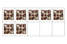 Seven identical square boxes with 9 chocolates in each, arranged on a 5 by 2 grid, with 5 boxes in the top row and 2 in the bottom row