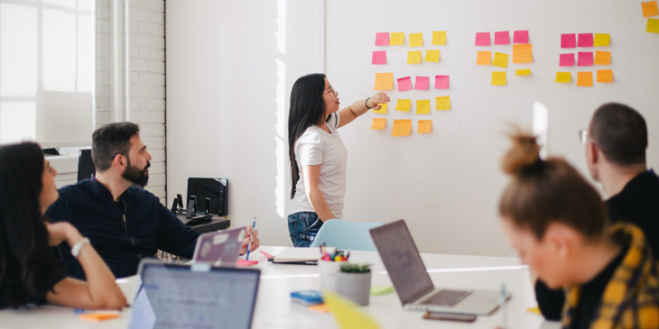 A team using post-it notes to brainstorm