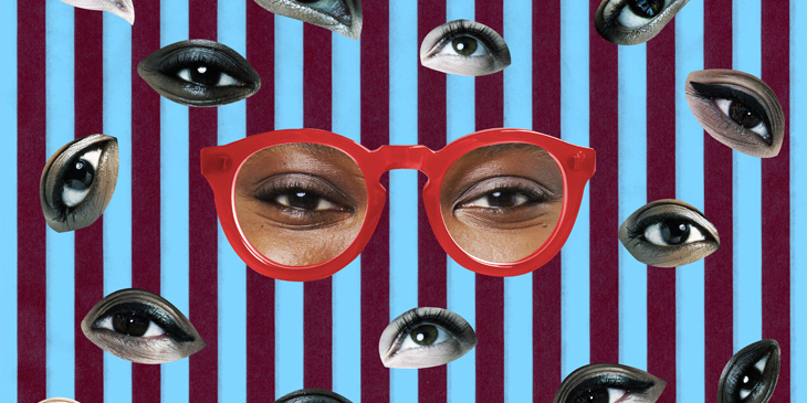 A person wearing red glasses surrounded by multiple cut outs of eyes, with a red and blue striped background