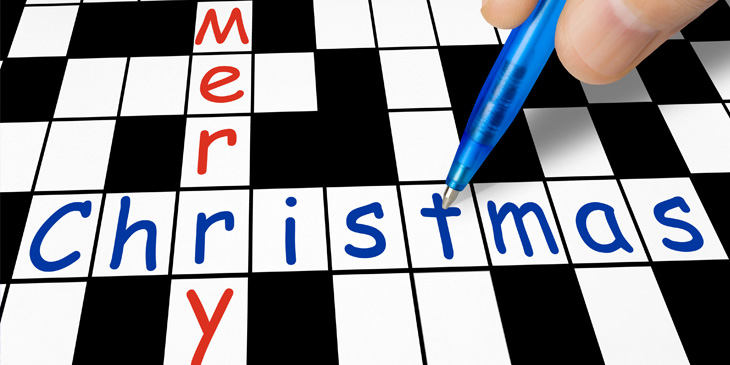 A crossword with two words filled in, 'Merry' and 'Christmas'