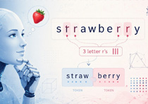 An AI generated image of a robot thinking about the word strawberry and breaking down how many letter r it has
