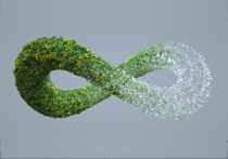 Digital generated image of green infinity sign made out of leaves and flowers transforming into water drops on grey background