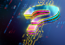 A CGI 3D render of a question mark, coloured in neon in a circuit board style