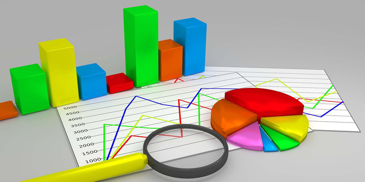 A range of different graphs with a magnify glass